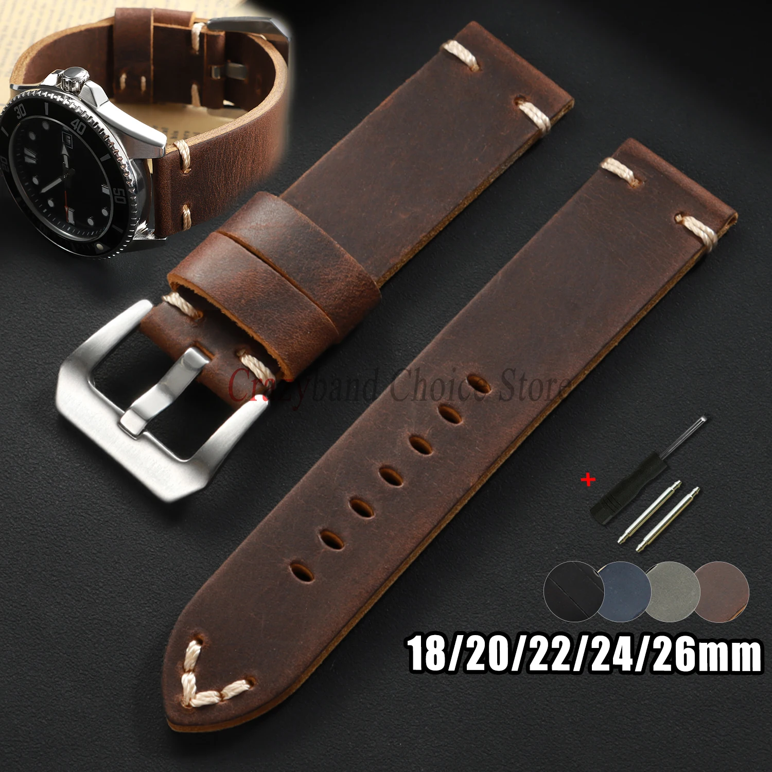 Bracelet de montre rétro en cuir Crazy Horse pour Omega, Seiko, Panerai, Casio – 18mm, 20mm, 22mm, 24mm, 26mm – Style Business
