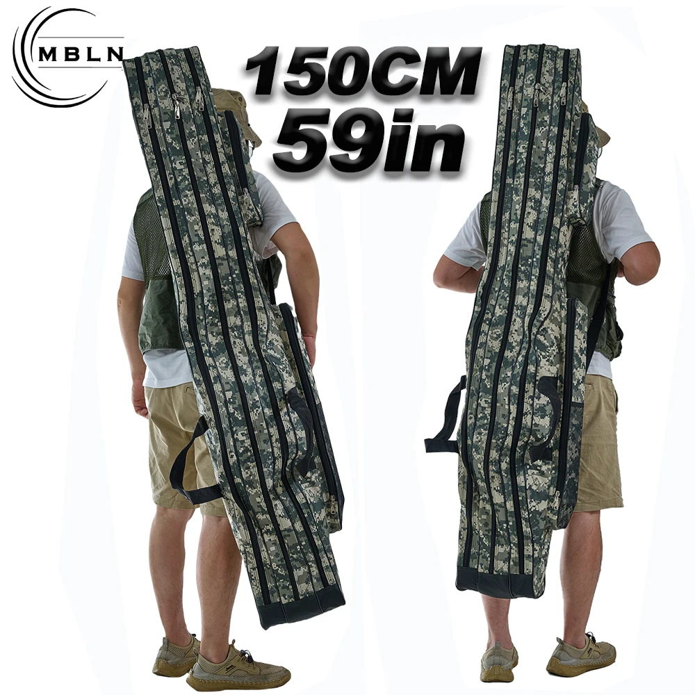 MBLN 59in Waterproof Fishing Rod Bag – 3-Layer Polyester Tackle Case with 2 Side Pockets, Foldable & Portable for Easy Storage