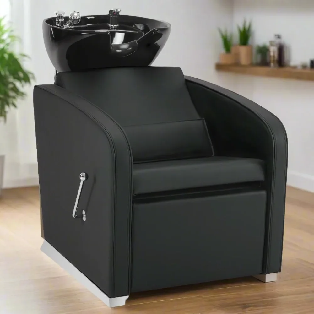 

Backwash Shampoo Station Chair, Adjustable Porcelain Ceramic Hair Wash Bowl Sink Unit Station, Reclining Shampoo Station Chair