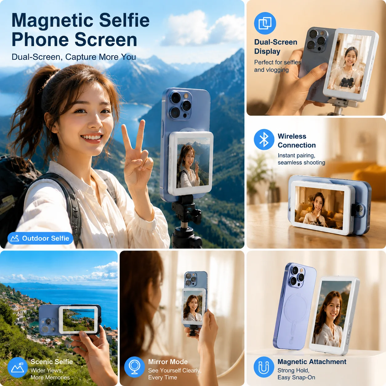 

Wireless Magnetic Phone Selfie Monitor Screen Vlog Rear Camera WiFi Bluetooth Connection for Live Streaming