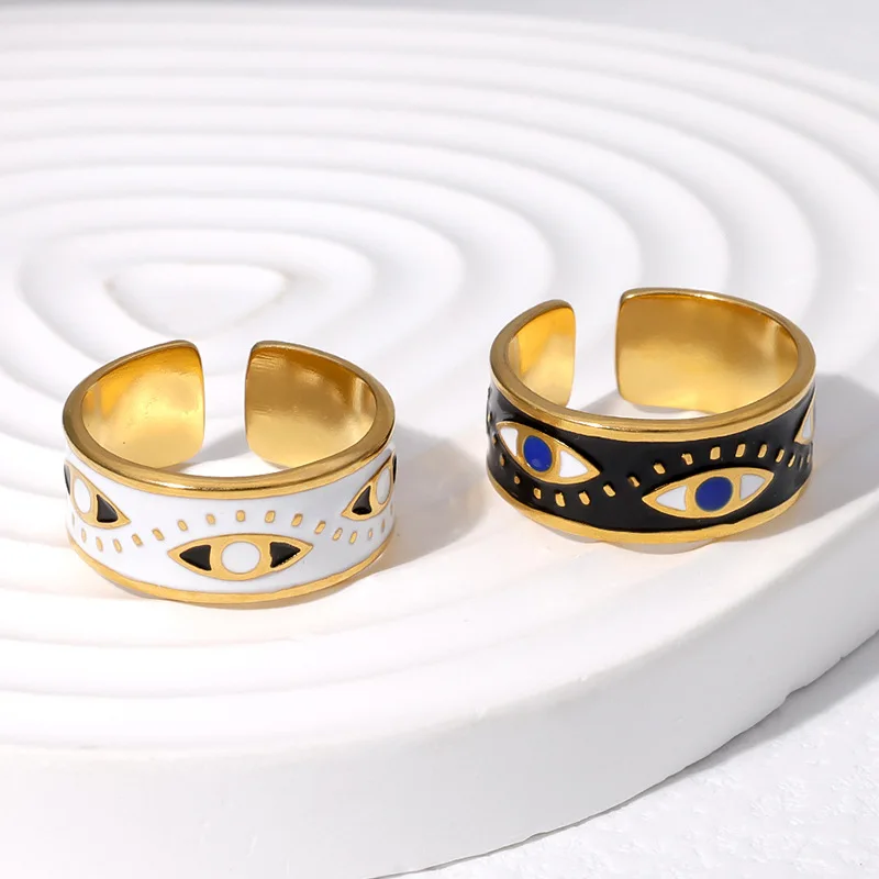 Luxury Gold Color Stainless Steel Black White Enamel Evil Eye Couple Rings for Women Men Charm Party Finger Jewelry Colorfast