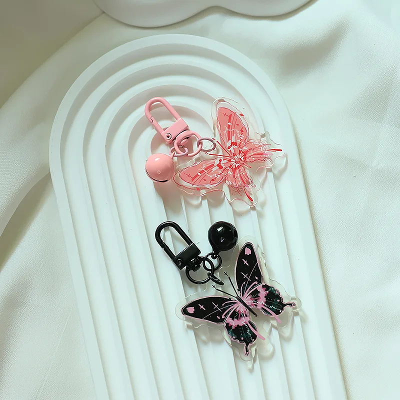 Kawaii Acrylic Butterfly Key Chain Pendant With Bell Cute Schoolbag Camera Accessories Phone Charms Ins Style Hanging Jewelry