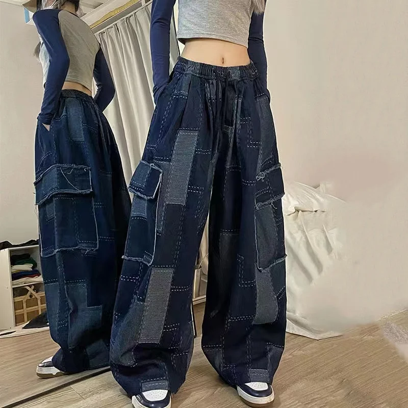 Jeans 2023 Woman Japanese Chic Wide Leg Pants Vintage Patchwork Plaid Pocket Trousers Streetwear Y2k Clothes Pantalon