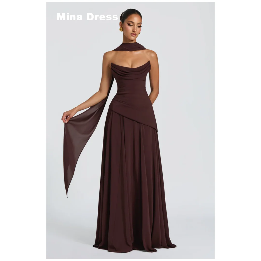 

Mina Customized Brown Prom Dress Backless Women's Wedding Party Attire Boat Collar Sleeveless Luxurious Evening Dresses Pleated