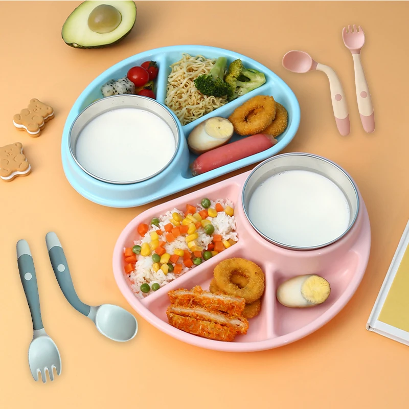 

Children's Dinner Plate Stainless Steel Baby Food Bowl Divided Table Plate Supplementary Dish Anti-fall Removable Plastic Plate