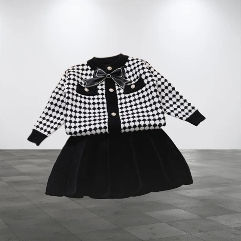 

Plaid Sweater+Pleated Skirt 2 Piece Set Baby Girls Sweet Suit Autumn Preppy Outfit Crochet Cardigan for Girl Knit Jacket