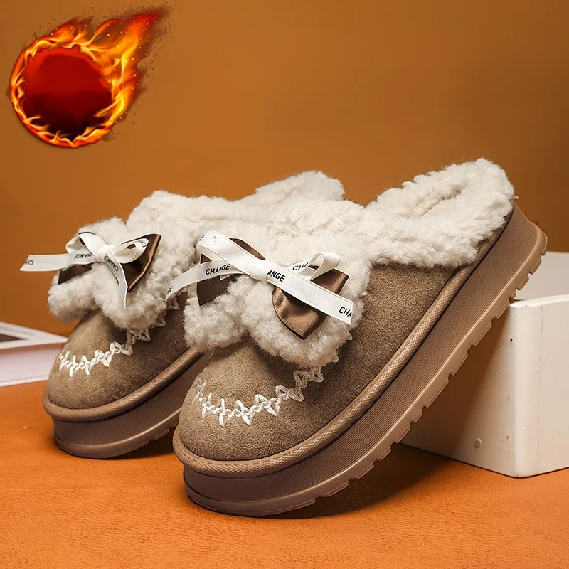 

Новые осенние и зимние женские зимние сапоги с бантом, плюшевые хлопковые тапочки на толстой подошве