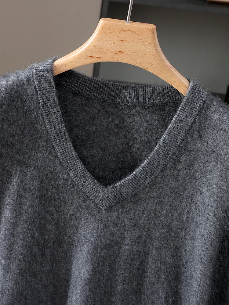 

100% Mink Cashme Men's V-neck Vest Pullover Autumn Winter Thick Casual Fashionable Knitted Long Fuzz Sleeveless Sweater