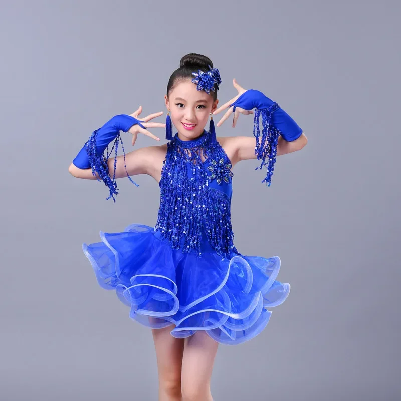 Платье для латинских танцев с блестками и кисточками для девочек, сальса, ча-ча, самба, танго, бальные танцевальные платья, детские бахрома, детские профессиональные