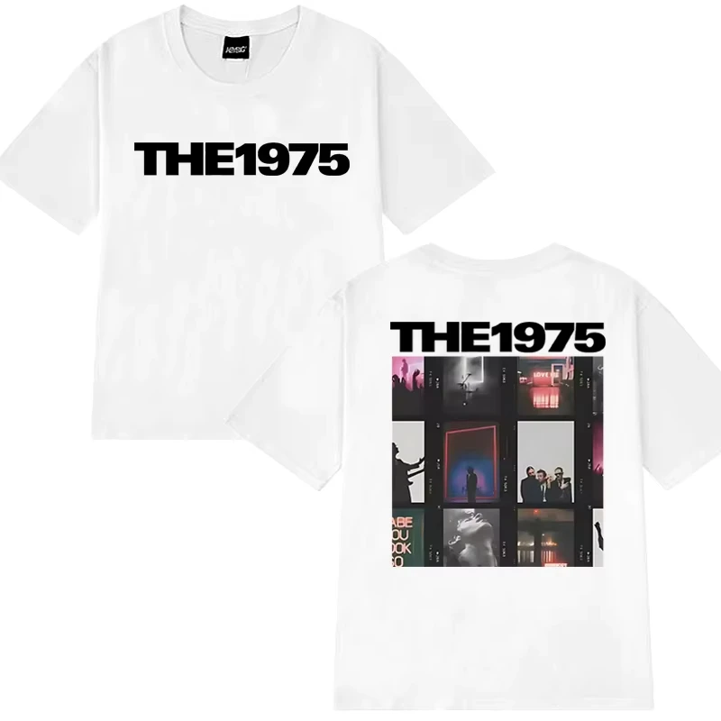 رائجة البيع جديد روك باند 1975 مزدوجة الوجهين طباعة تي شيرت الرجال النساء بلايز خمر للجنسين المتضخم القطن تي شيرتات قصيرة الاكمام