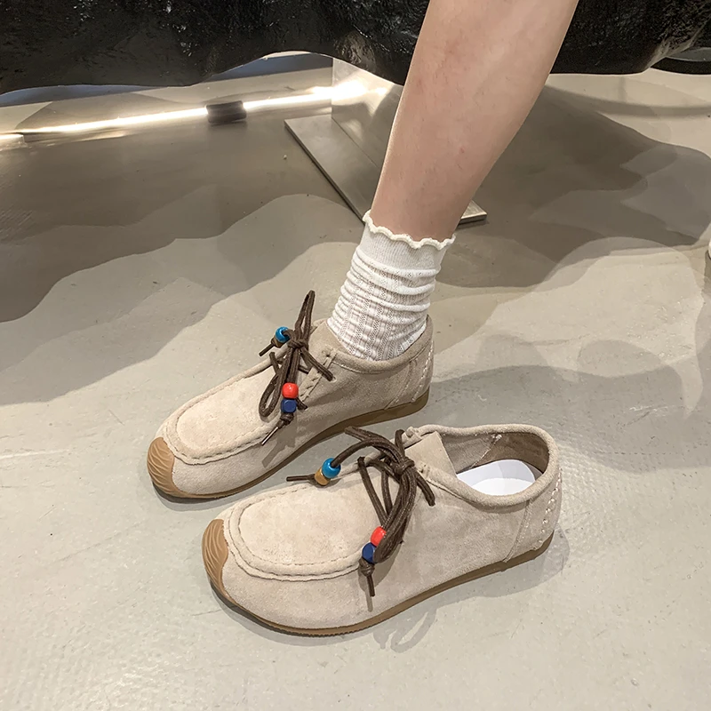 Fashion Colored Beads Lace Up Casual Shoes Women 2025 Autumn Comfort Round Toe Sneakers Soft Non Slip Stitching Decoration Shoes