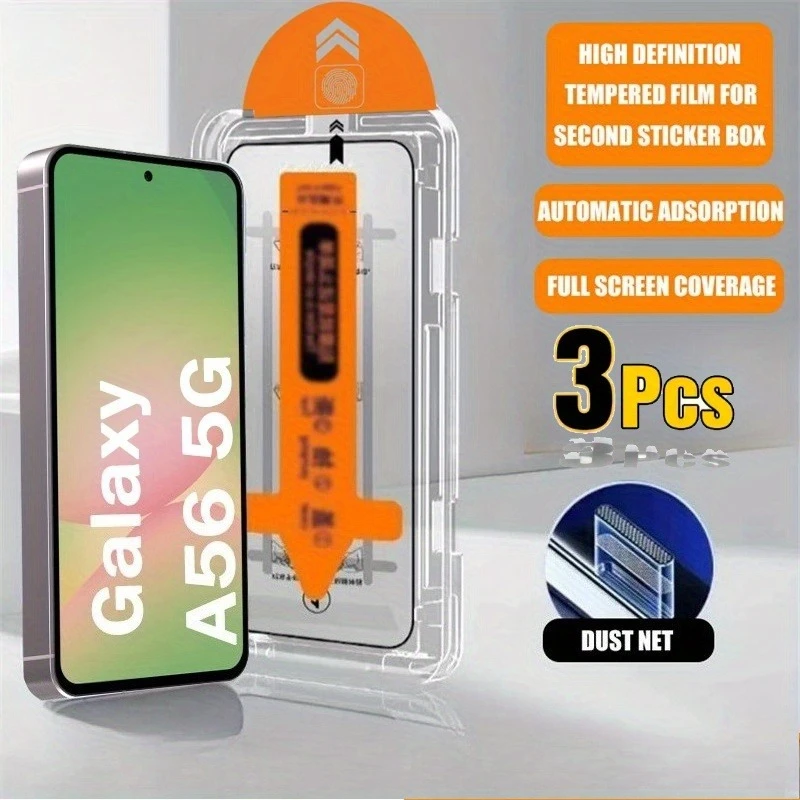 3 Stück gehärtetes Glas für Galaxy A56 A55 A16 A36 A26 5G Staubfreie Box Galaxy A54 A53 A52 A35 A25 A15 Displayschutzfolie