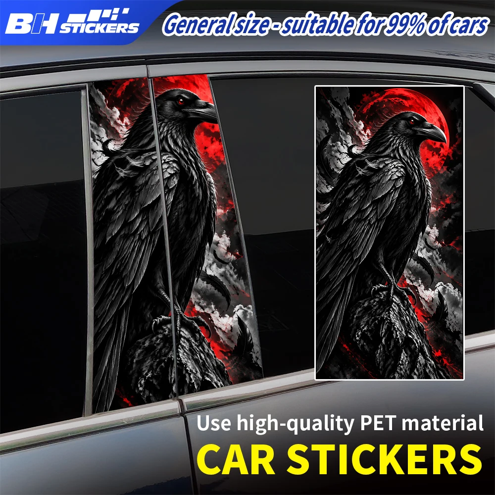 Black Raven Red Moon Car B Pillar Sticker 2Pcs Vinyl Window Middle Column Decal Universal Auto Exterior Decoration Accessories