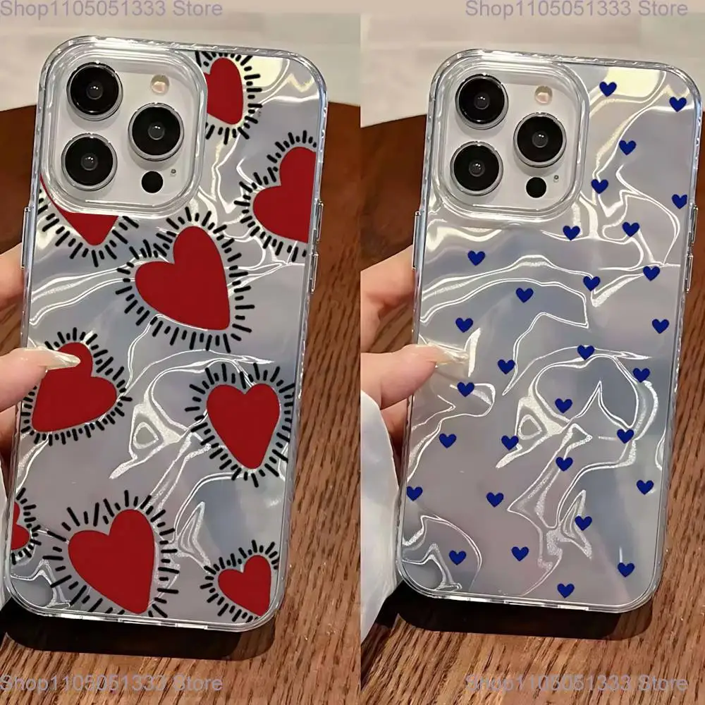 

Silver Graffiti Heart Ins Phone Case For iPhone 11,12,13,14,15,16 Plus,Pro,Max,Plus Transparent Satin Laser Glossy Cover
