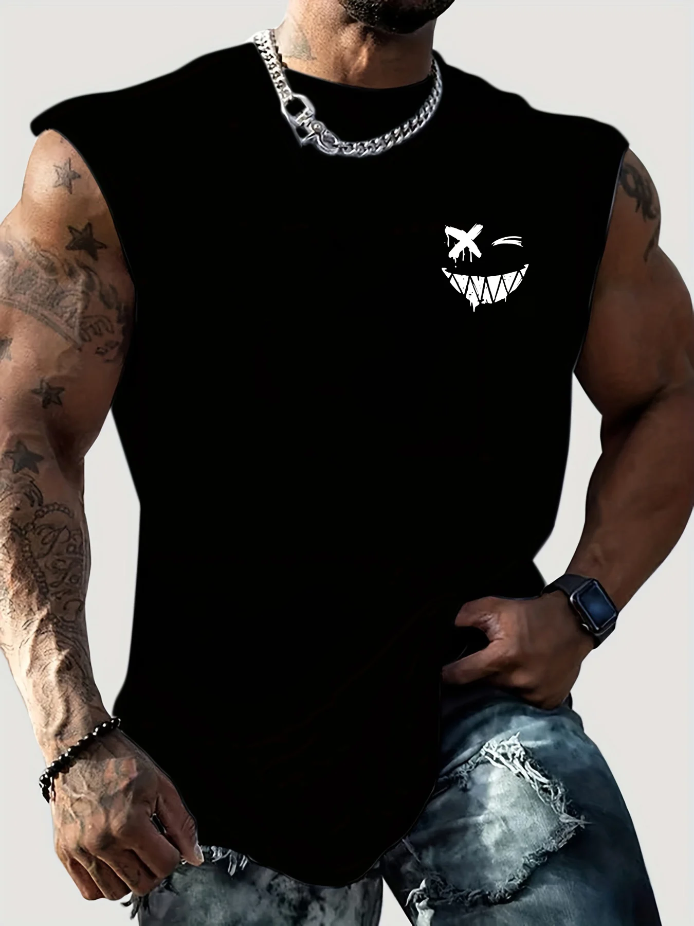 

Men's summer casual sports loose fit smiley face print comfortable and breathable round neck sleeveless vest