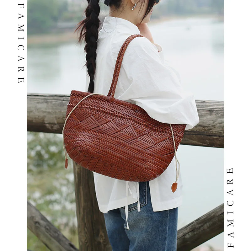

Chic Multifunctional Split Leather Handbag Female Sleek Woven Shoulder Bags Lady Large Capacity Tote Bag for Casual & Travel