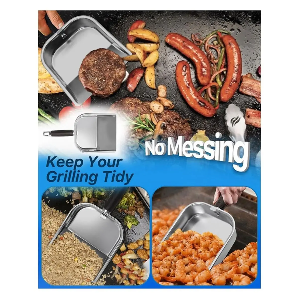 AB09 Griddle Scoop for with A Any-Edge Hook, Stainless Steel Griddle Portable Food Mover for Stir Fry
