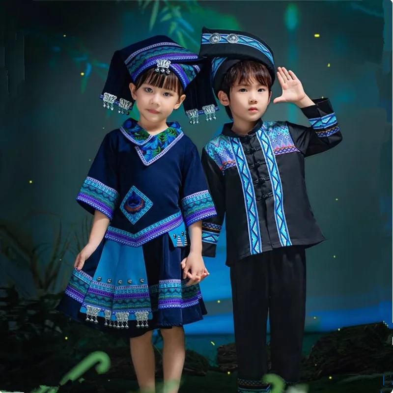 Chinese Ethnic Minority Costume For Children Vintage Clothing Girls Stage Performance National Cosplay (Head wear And Clothes))