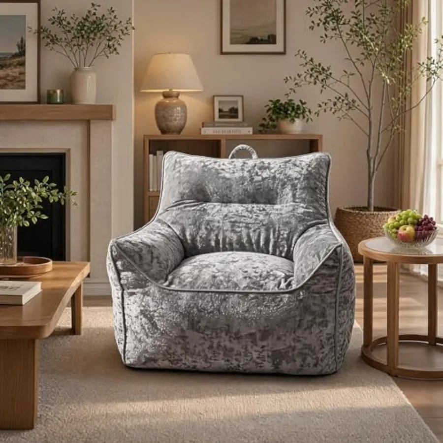 Luxury chenille bean bag chair for living room and bedroom, gray, high-density shredded foam filling with ergonomic back suppor