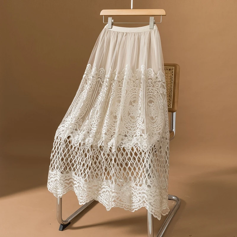 الرجعية تفريغ الدانتيل مطوي ميدي تنورة للنساء ربيع الخريف حجم كبير التخسيس ألف خط تنورة عالية الخصر العادية رقيقة