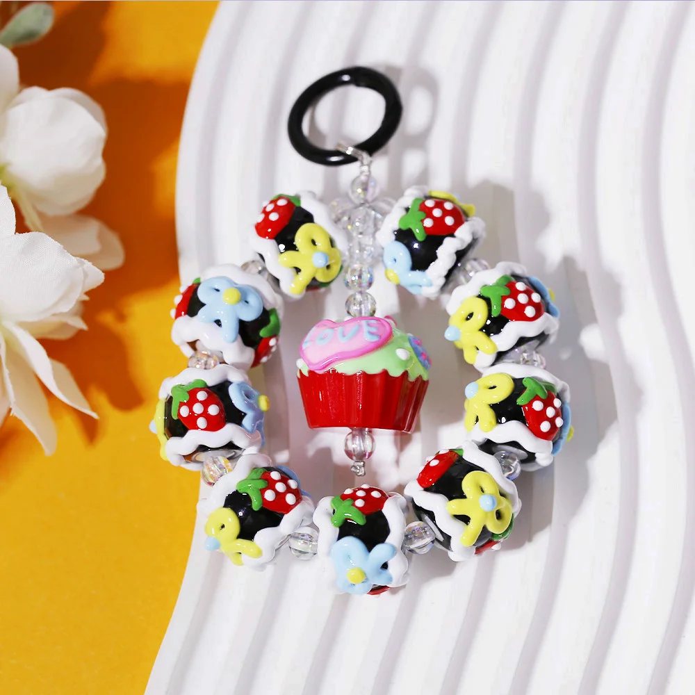 Hot selling new strawberry oil drop cake, acrylic hand-painted beads, DIY keychain pendant, mobile phone chain, cute pendant