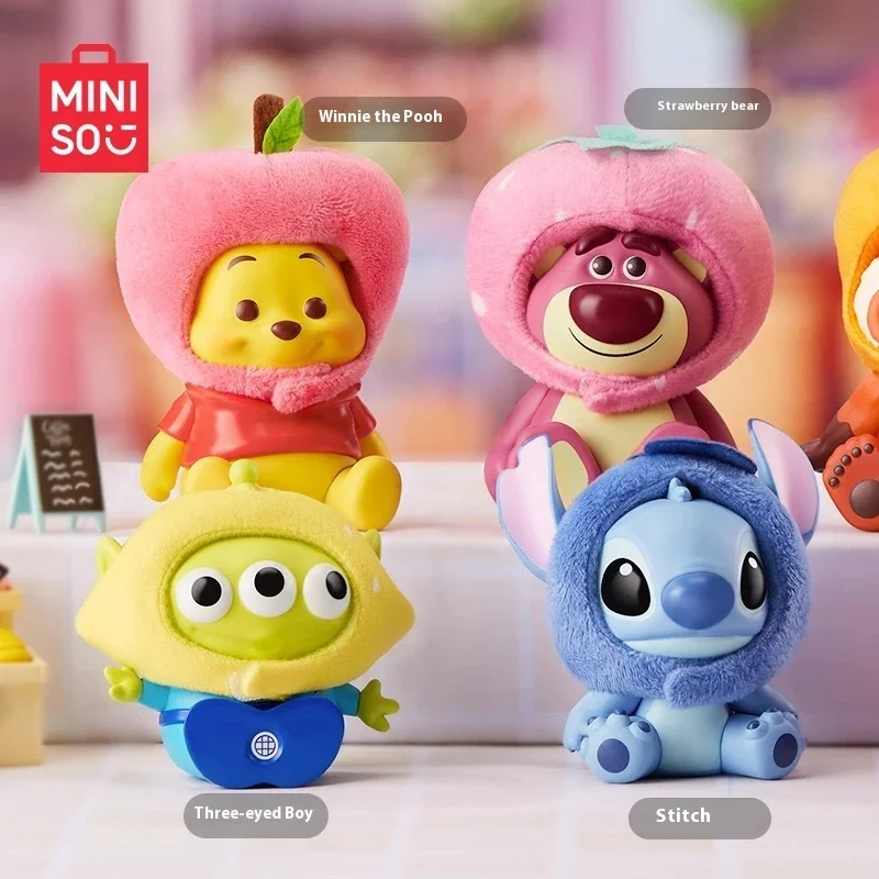 MINISO 디즈니 캐릭터 블라인드 박스 과일 모자 시리즈 인형 스티치로쏘 미스터리 박스, 귀여운 모델 장난감, 어린이 명절 선물, 정품