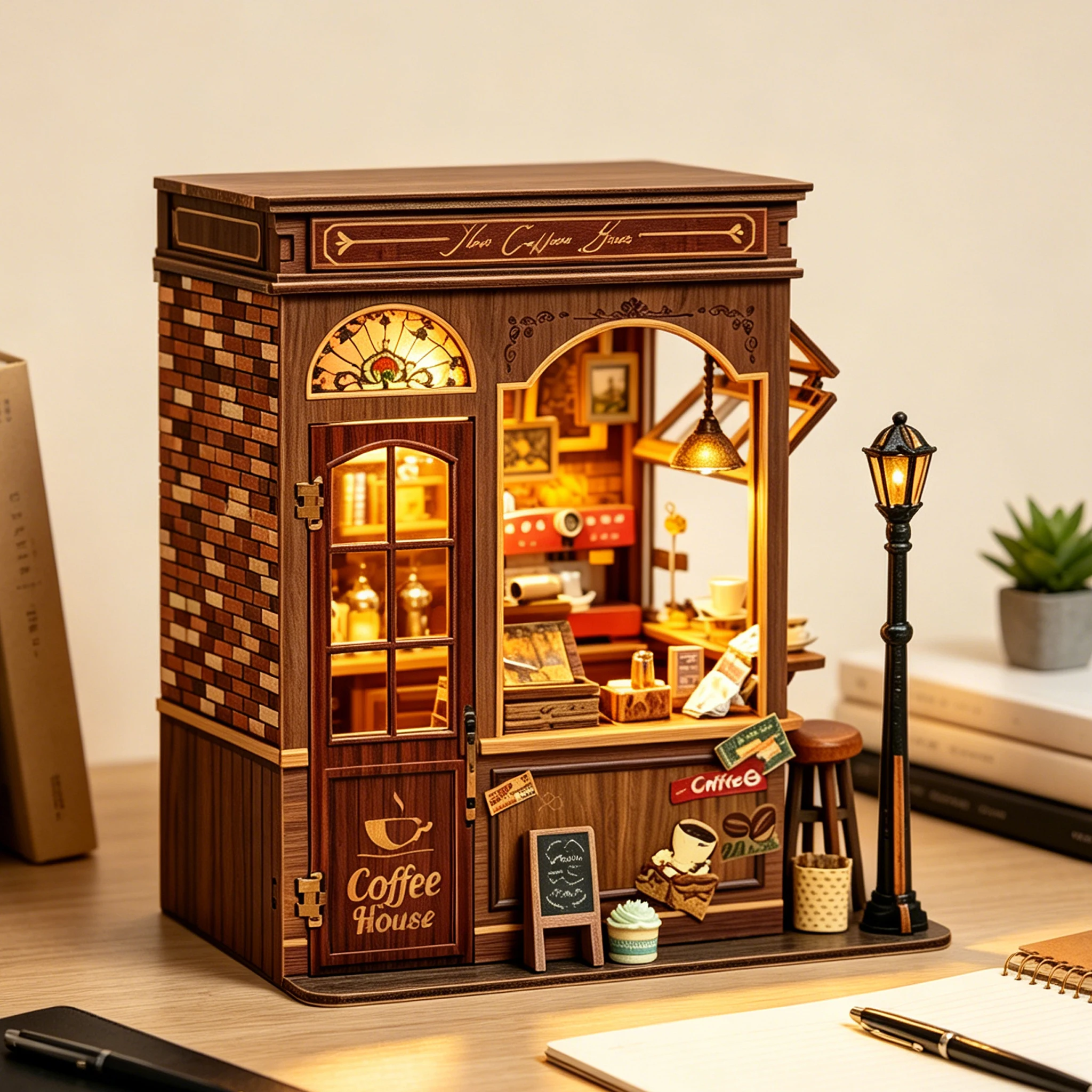 

DIY Wooden Coffee House, DIY Mini Bookshelf Set 3D Creative Decorative Bookshelf Plugin 3D Puzzle for Adults, Christmas Gifts