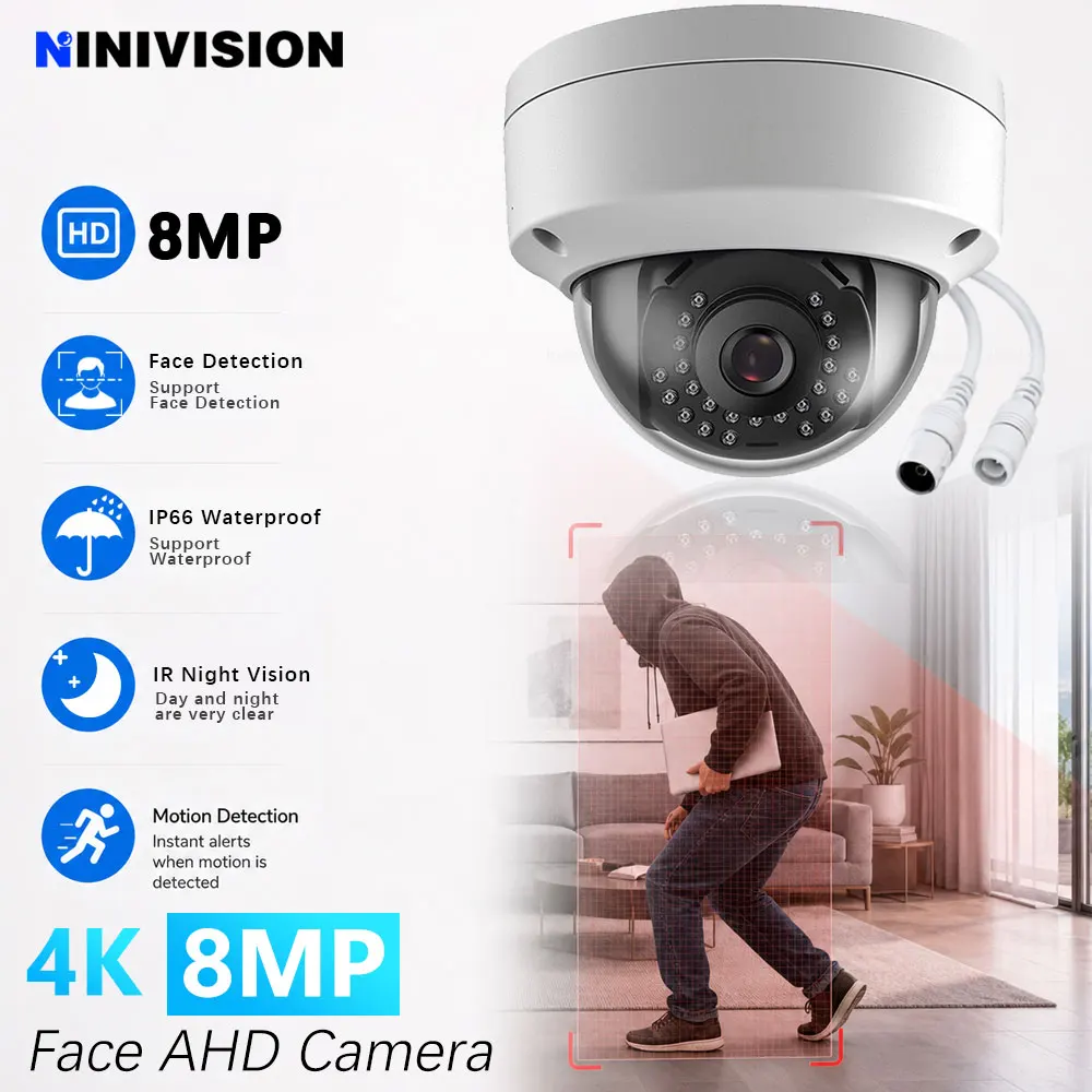 8MP 4K AHD CCTV Camera Outdoor Dome Security Camera Face Detection Human Detection IR Night Vision IP66 BNC Surveillance Camera
