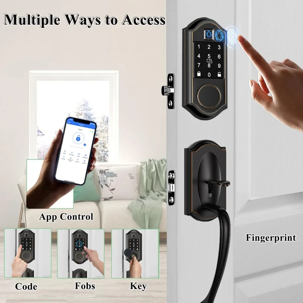 Serrature intelligenti per porta d'ingresso, catenaccio con serratura per porta d'ingresso senza chiave con set di maniglie, set di serrature per porta d'ingresso, controllo APP, porta con impronta digitale