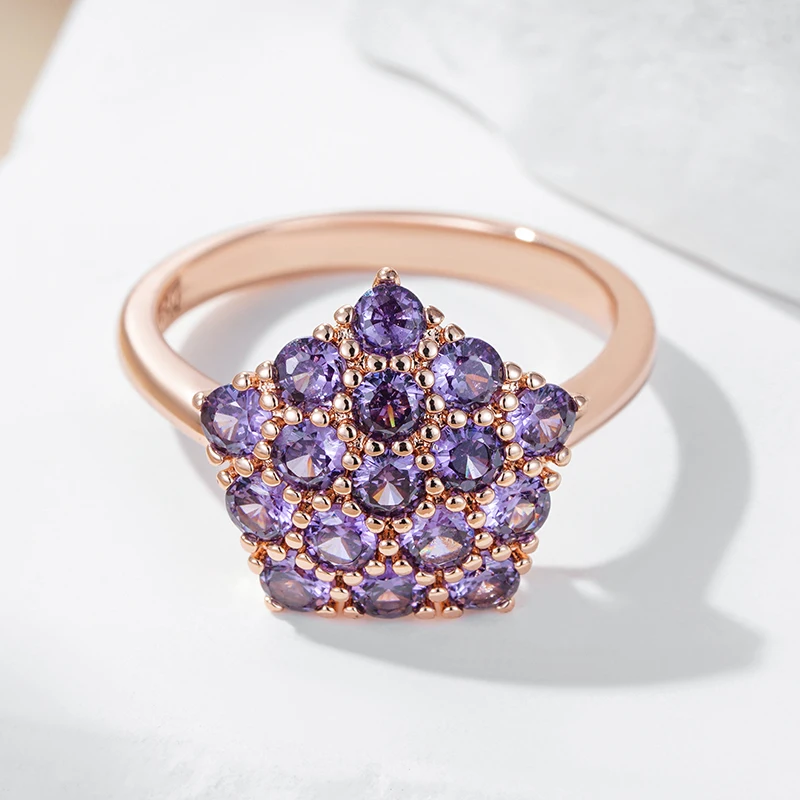 Kinel Hot Shiny Purple Natural Zircon Rings For Women Unique 585 Rose Gold Color Bride Wedding Fine Jewelry Crystal Gift