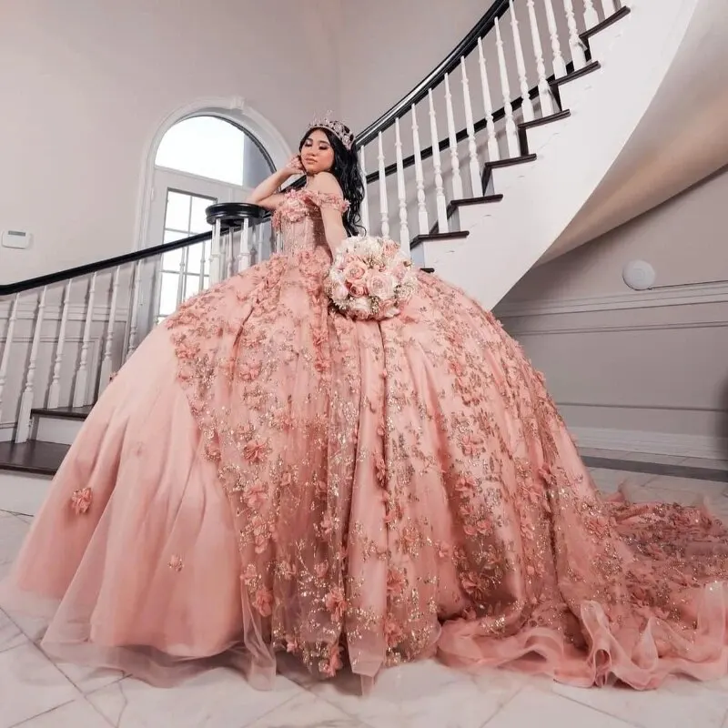 2024 vestidos de quinceañera de princesa rosa brillante apliques de cuentas vestido de fiesta de flores de encaje tul elegante dulce personalizado