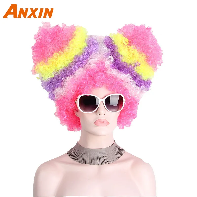 Afro Clown peruka Rainbow Coloful duży Top fani kocie uszy peruki na przyjęcie dla kobiet mężczyzn dzieci kolorowe kibice piłki nożnej peruka z