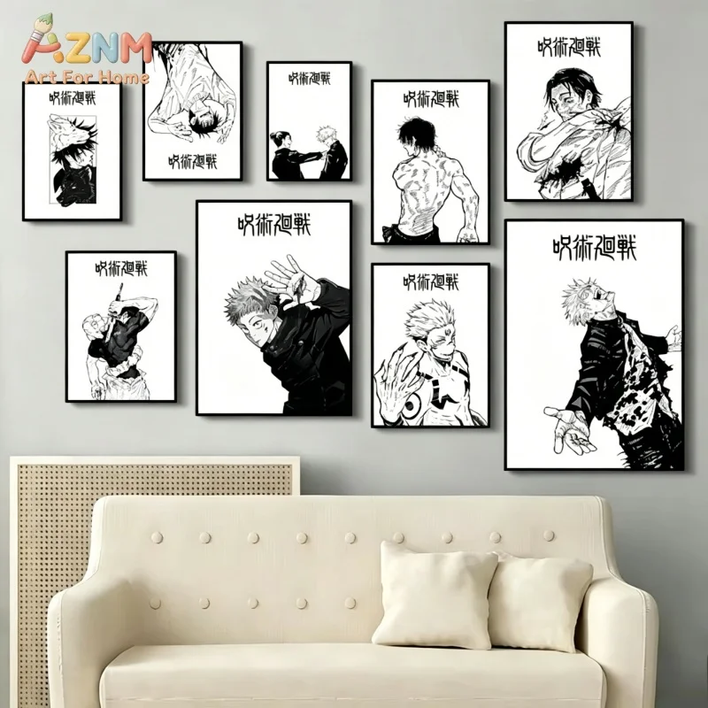 AZNM Jujutsu Kaisen Black White Manga Canvas Painting Yuji Itadori Sukuna Anime Wall Art Poster Home Bedroom Decor Canvas Print