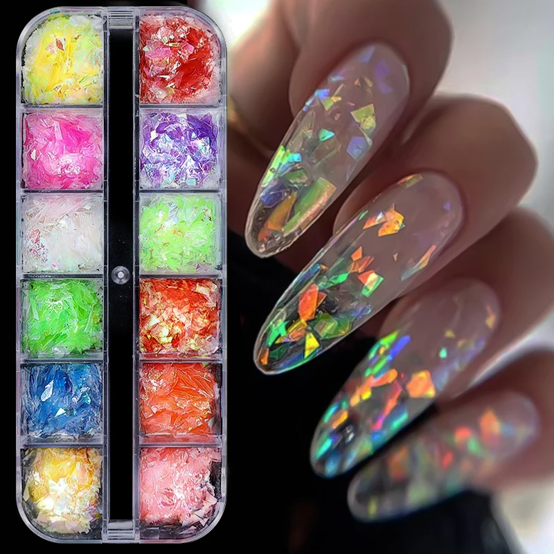 12 griglie colorate Aurora Nail Glitter Flakes Super Sparkling irregolare cristallo paillettes polvere Charms decorazione per unghie