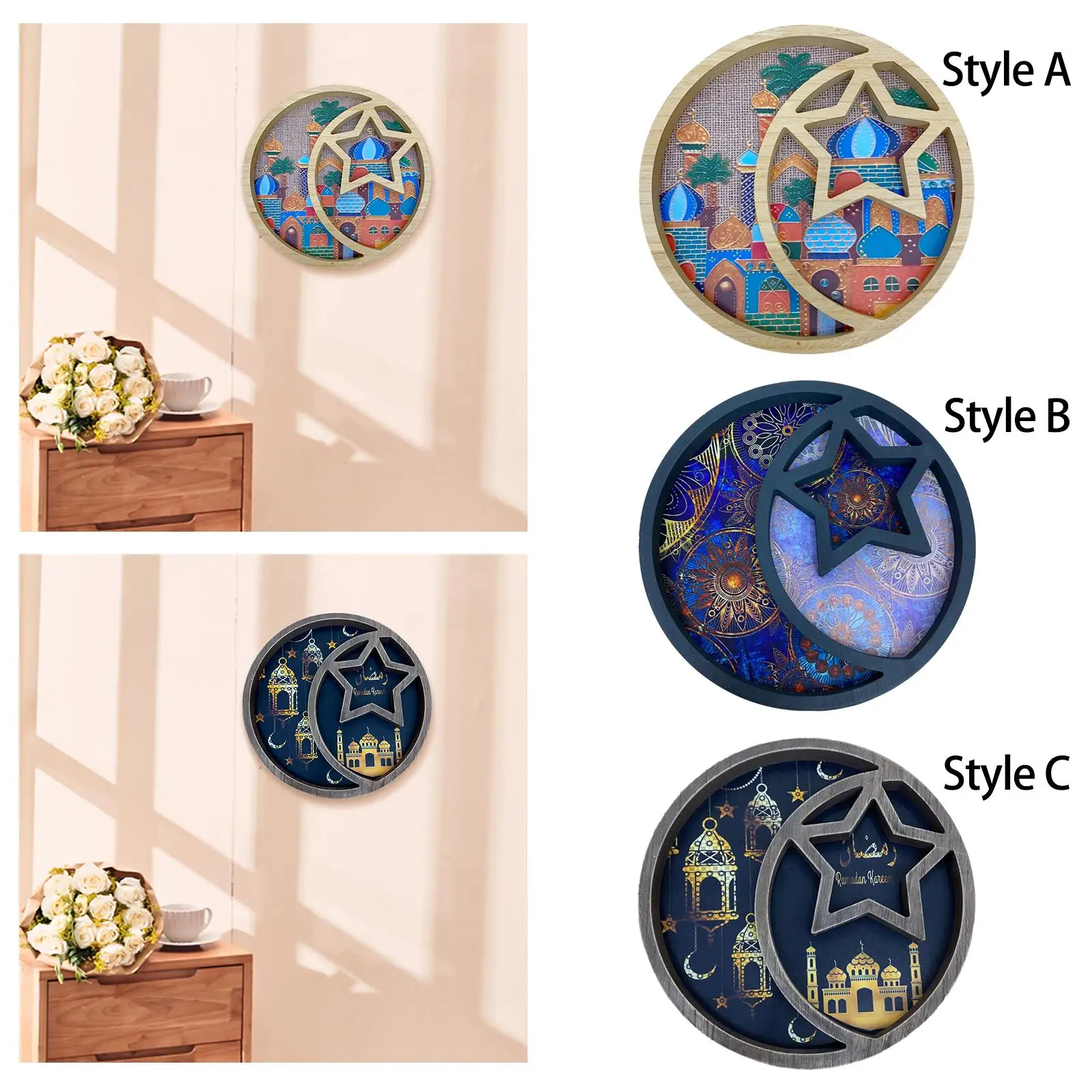 Eid Mubarak Tray Decoration Wooden Round Ramadan Pallet Multipurpose Tableware