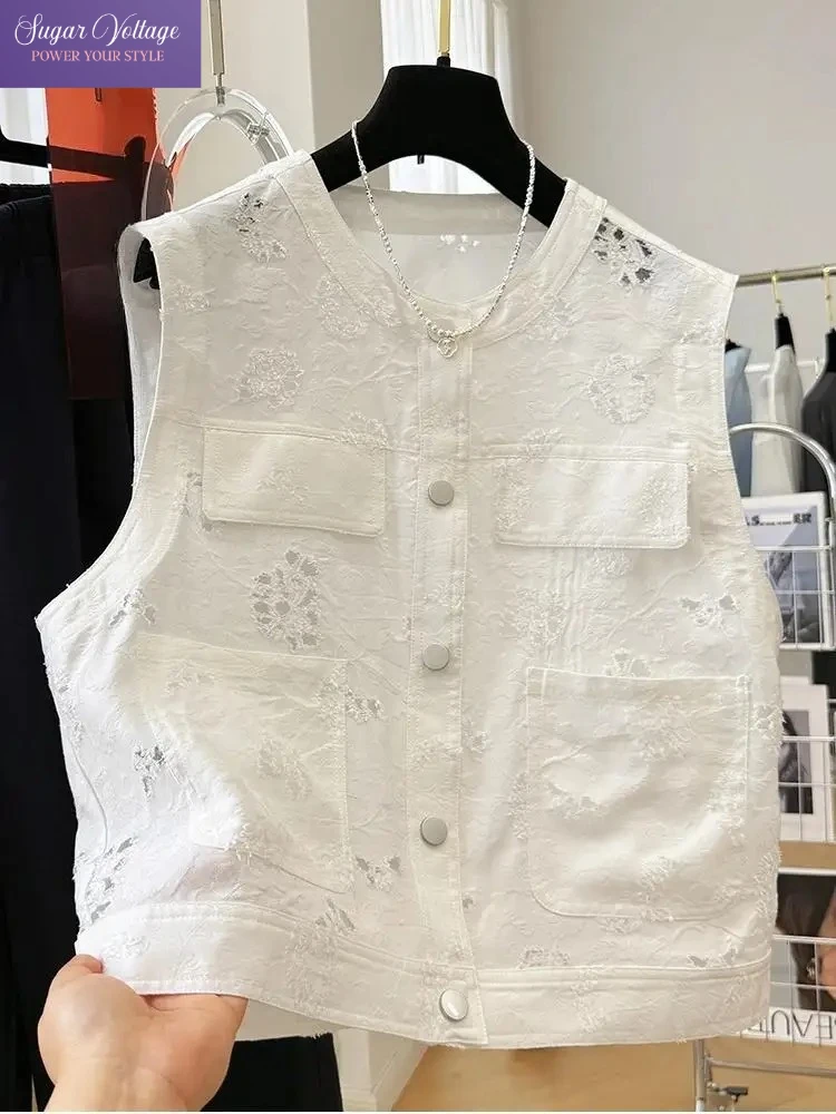 

Summer Elegant Plus Size Hollow Out Lace Denim Vest Women Sleeveless Jacket Luxury Chic Short Outerwear Korean Fashion Gilet