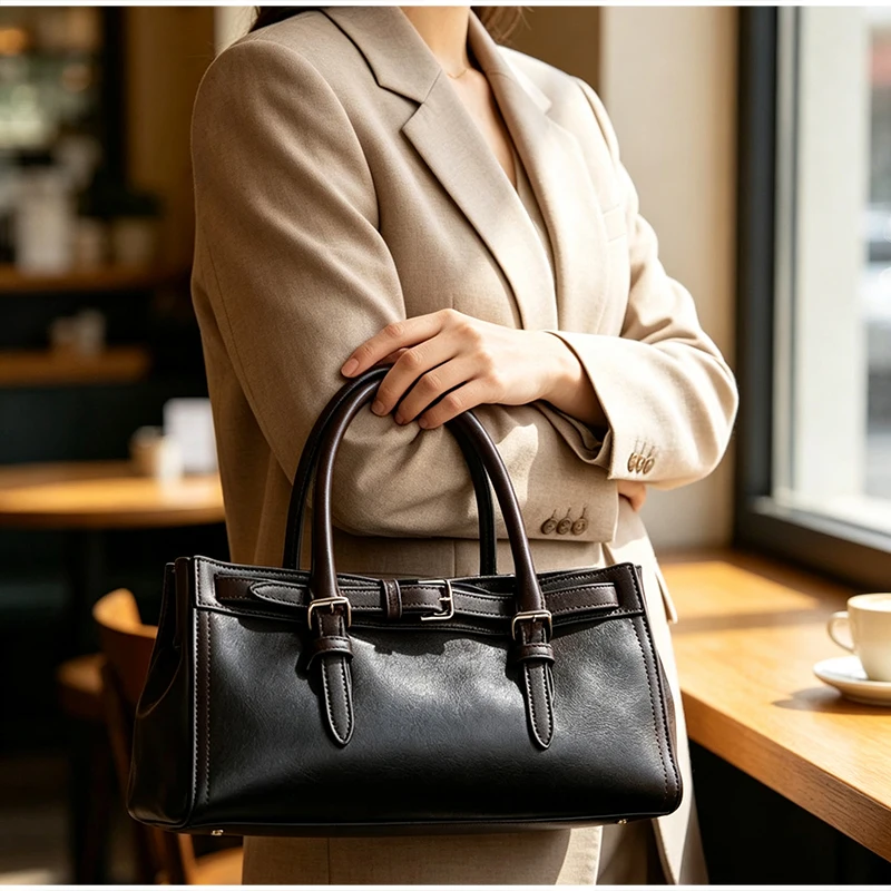 Gürtelschnallen-Verstellbare Umhängetasche, Damen Einfarbige Minimalistische Handtasche, Schwarze Vielseitige Pendler-Arbeitstasche – Detail 9