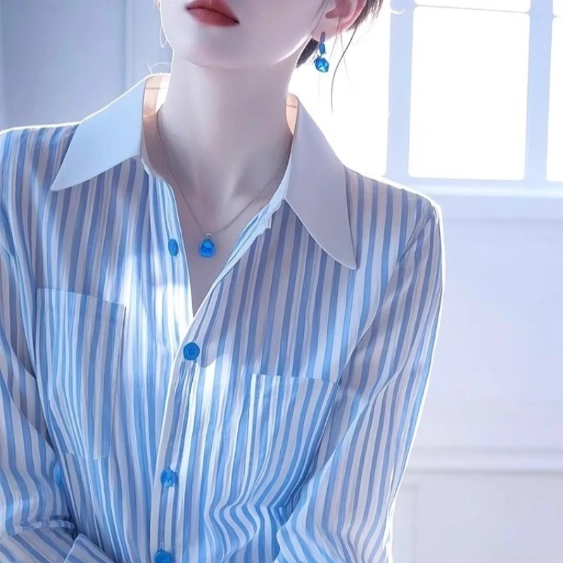 Chemisiers Vintage pour femmes, chemises rayées, mode ample, couleur unie, vêtements décontractés, manches longues, hauts coréens pour femmes, printemps/été