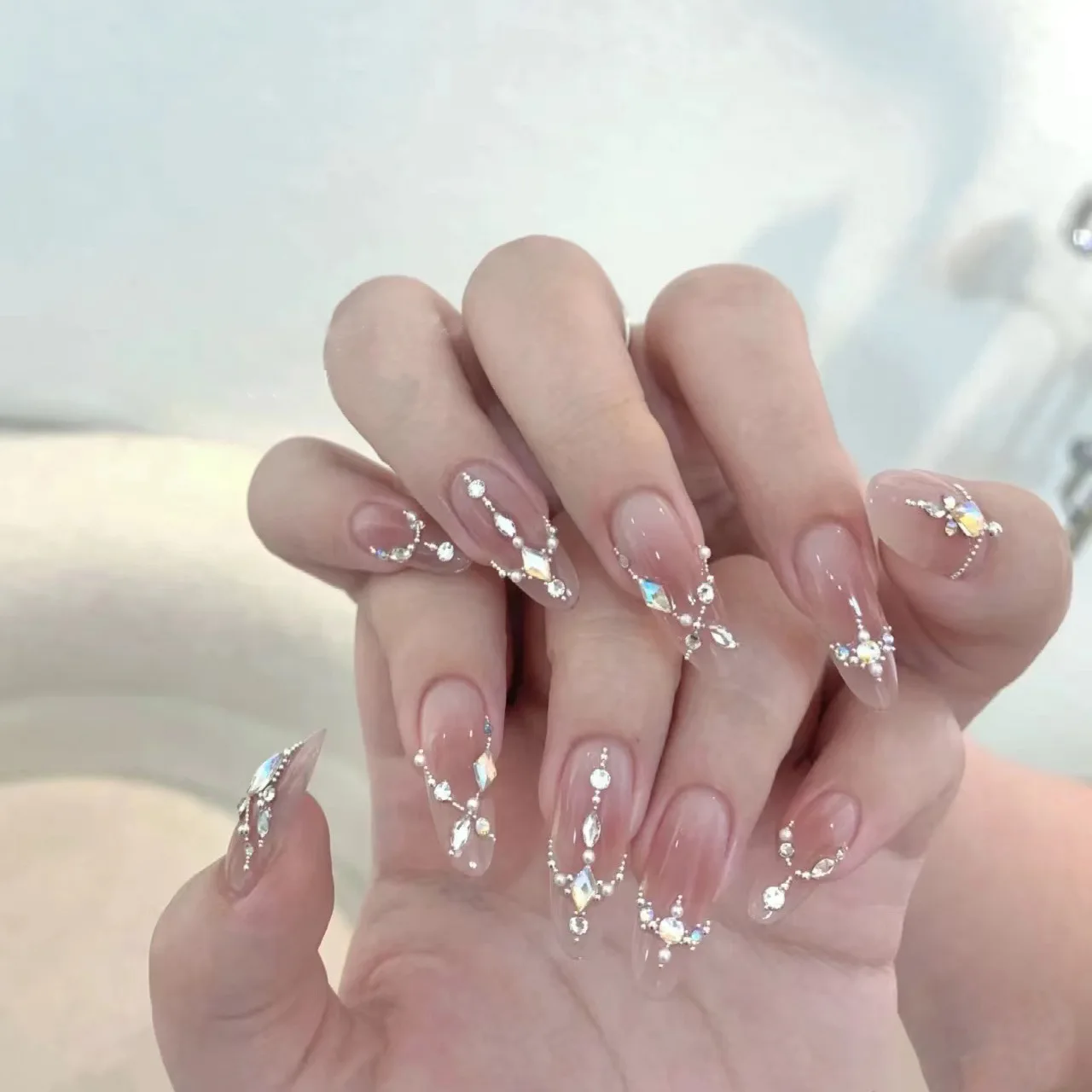 Handmade Nude Pink 3D Rhinestone Handmade Press On Nails Luxurious High-end Versatile Exquisite Long Removable Nails