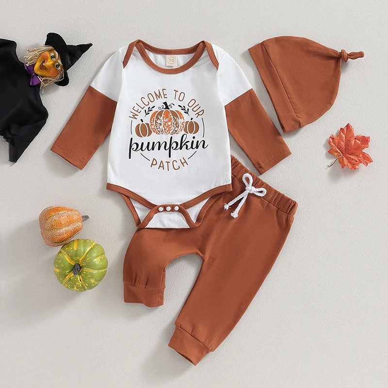 

Toddler Girl Halloween Costume Pumpkin Print Long Sleeve Rompers and Leggings Set with Headband Fall Winter Outfit for Baby