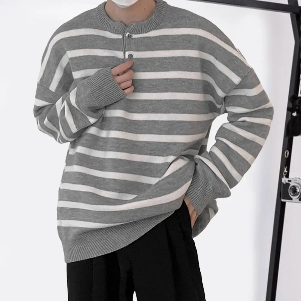 

Men Autumn Sweater Men's Striped Print Knitted Sweater with O-neckline Long Sleeves Winter Warm Pullover Casual for Autumn