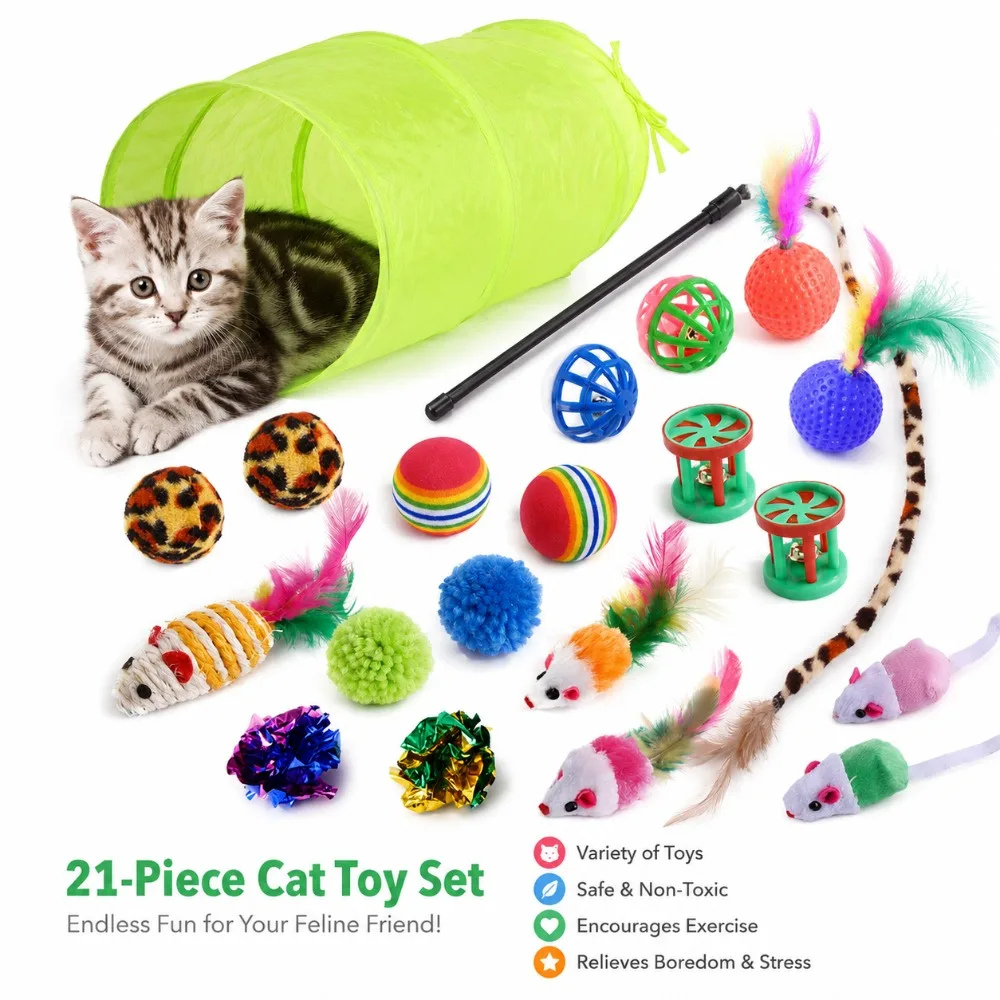 Catnip Included Cat Toy Set Interactive Feather Stick Fake Mouse Bell Ball Assorted Play Toys Indoor Entertainment Pack For
