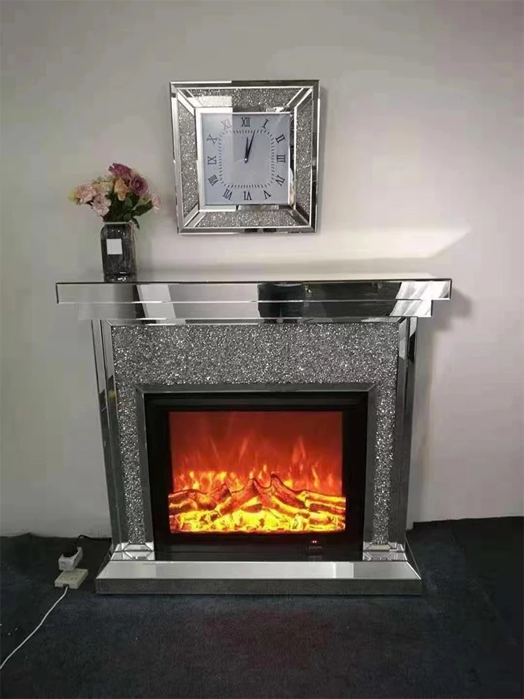 Glass mirror European electronic warm fireplace with heater, household simulation fire, wood charcoal, 3D simulation flame