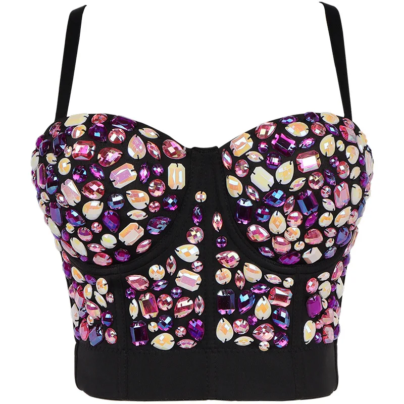 Luxury Mixed Color Acrylic Stone Bustier Bra Women Sexy Crystal Rhinestone Corset Girls Shiny Nightclub Party Camisole Crop Tops