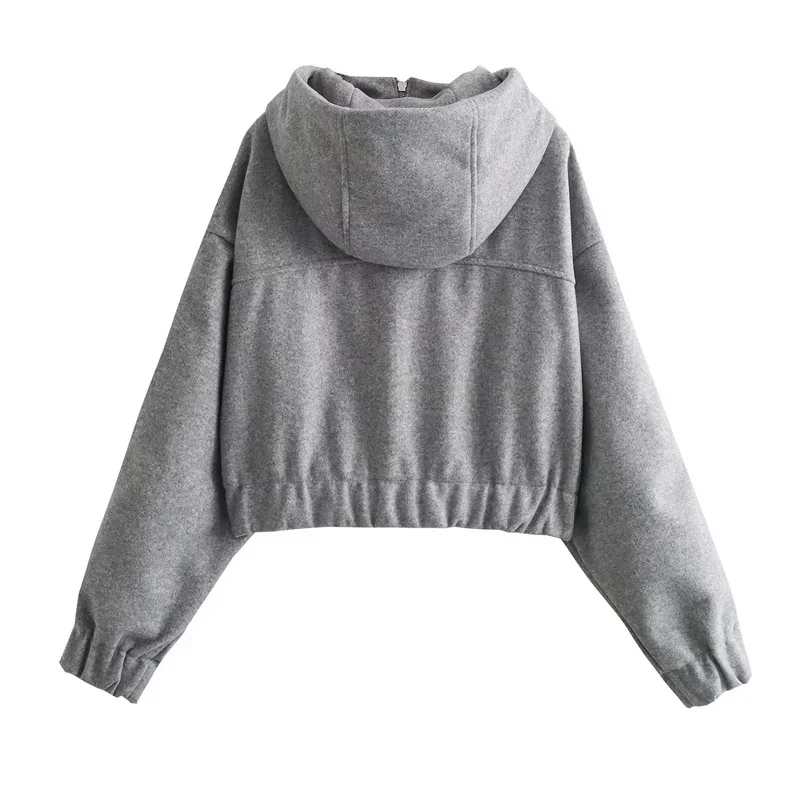 Y2K Winter New Seam Detail Zip-up Women\'s Woolen Hoodie High Street Light grey Loose Padded Crop Top Pockets  Outerwear