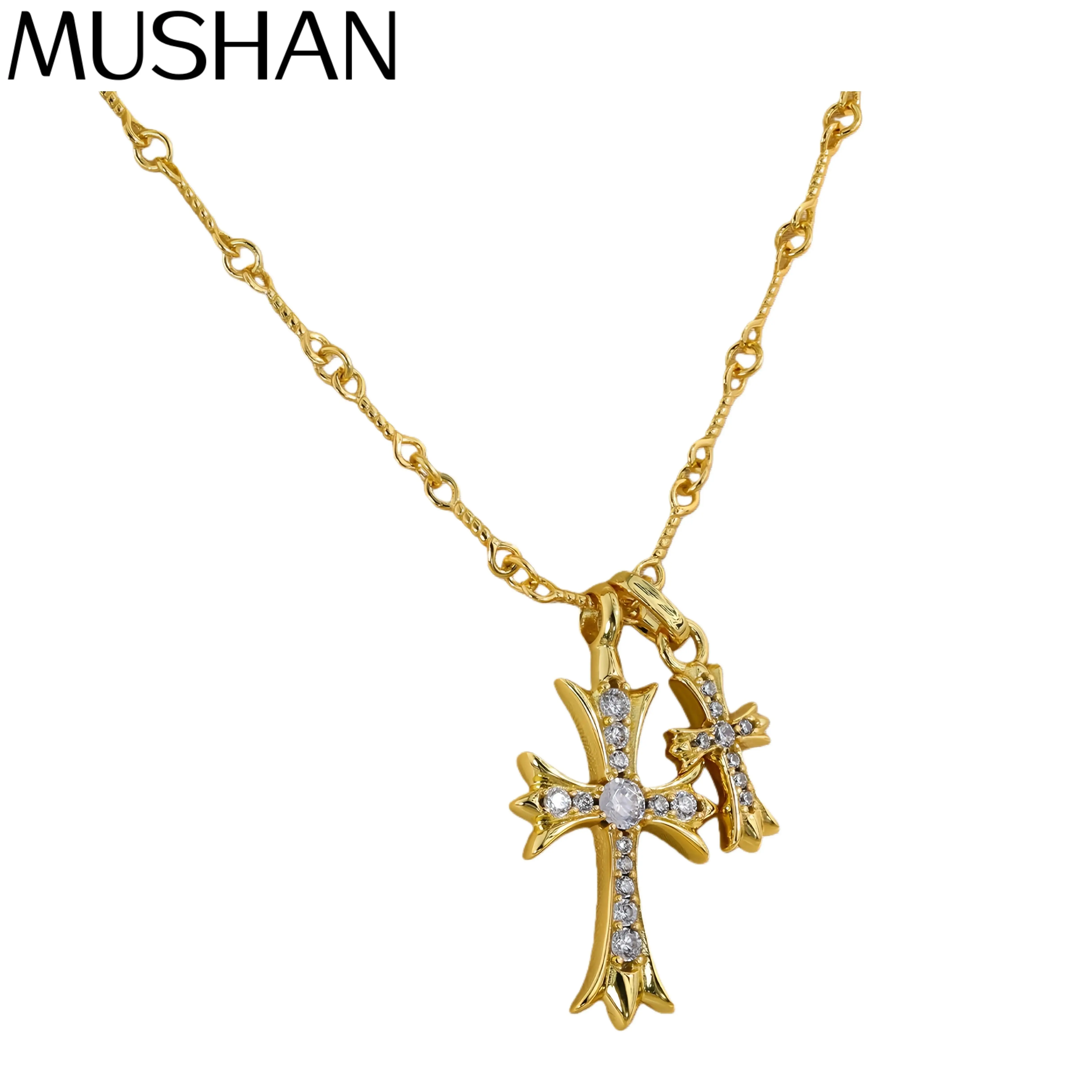 

MuShan Luxury Brand Double Cross Clavicular Chain Necklace 18K Gold Plated 925 Sterling Silver Pendant Necklaces Fine Jewelry