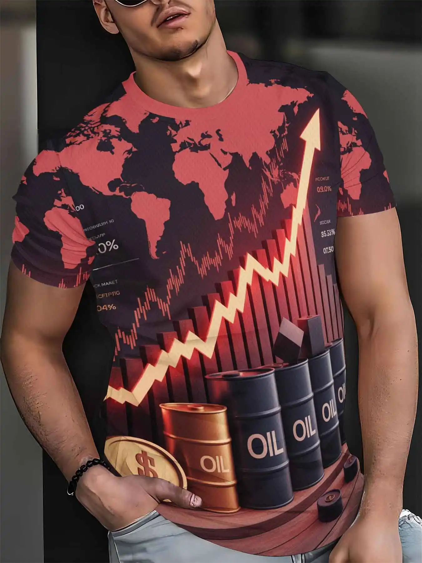 Men World Map Oil Barrel Rising Chart Print Crew Neck T-shirt