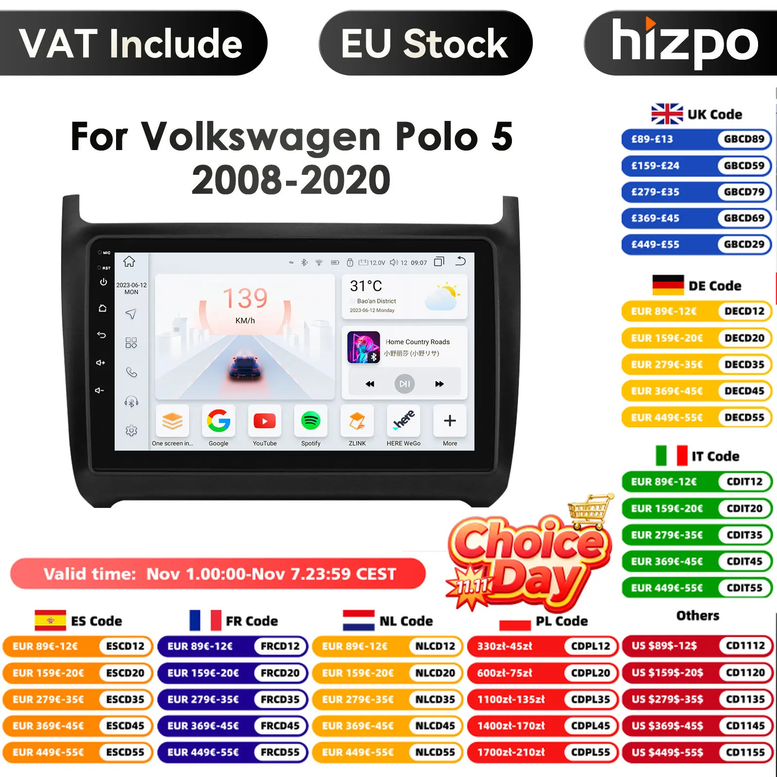 Hizpo Intelligent Screen Carplay 4G 2Din Android 14 Car Radio for Volkswagen Polo 5 2008-2020 Multimedia Video Player 360 Camera