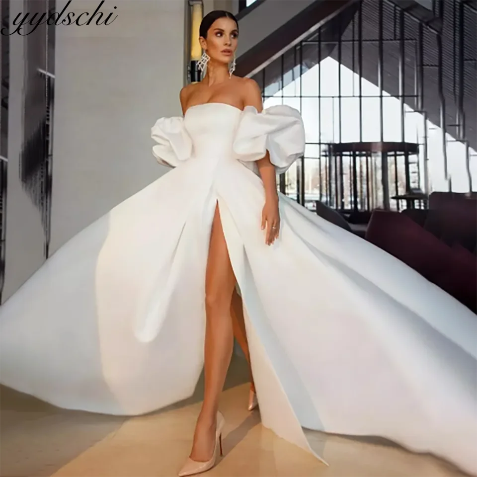 

Charming Strapless Puff Sleeves High Slit A Line Wedding Dresses 2025 Open Back With Court Train Tulle Bridal Gowns For Women