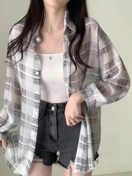 

Loose Fit Summer Sun Protection Checkered Shirt Women's Lightweight Classic Lazy Style Dongda Gate New Model PW035